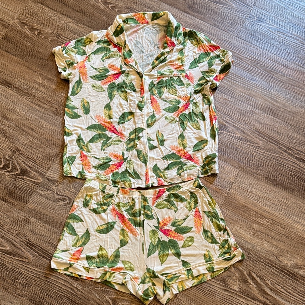 Stars Above Floral Pajama Set - Green and Orange